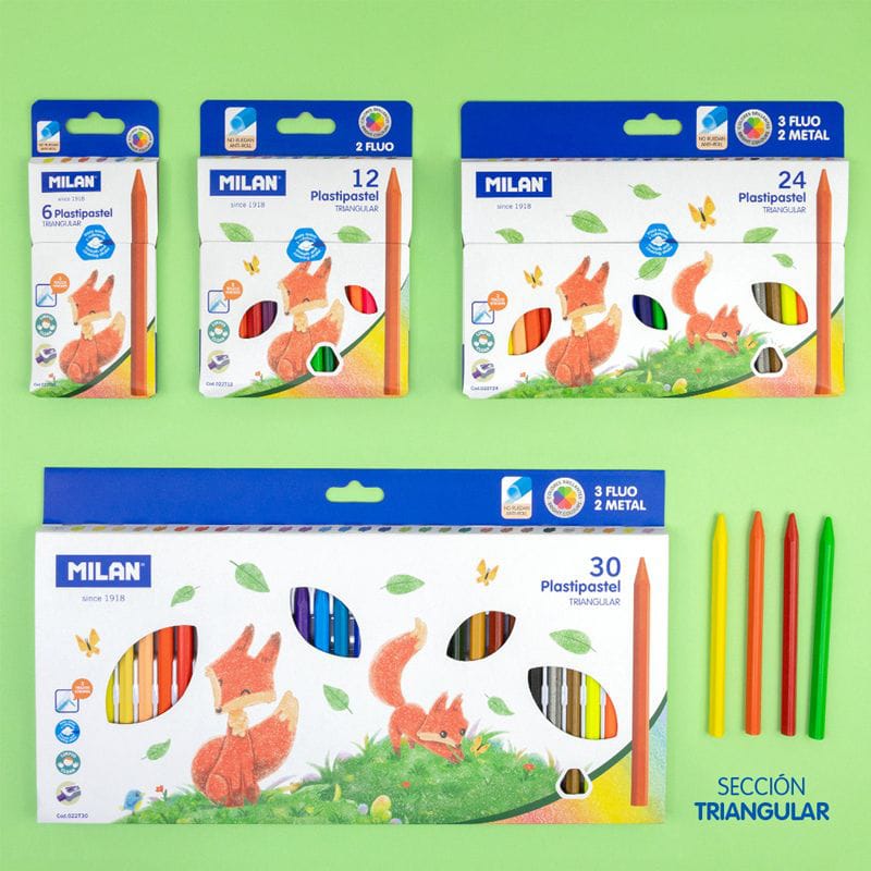 Набор пластиковых цветных карандашей MILAN Plastipastel трехгранные 24 цвета в упаковке с европодвесом