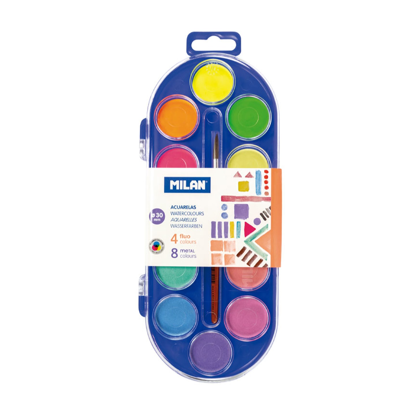 Набор акварельных красок MILAN 12 цветов флуоресцентные и металик  + кисть в пластиковом пенале ZAK