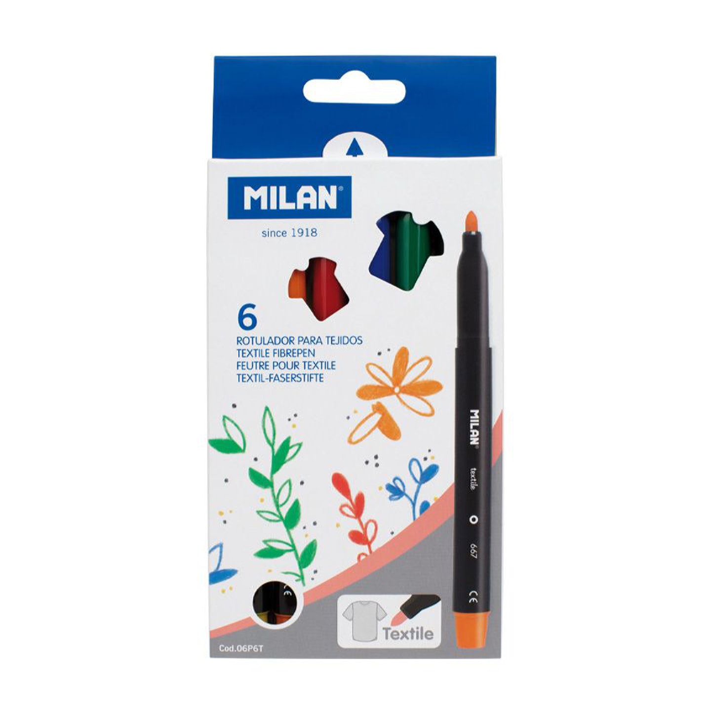 Набор фломастеров MILAN для ткани 6 цветов в картонной упаковке с европодвесом