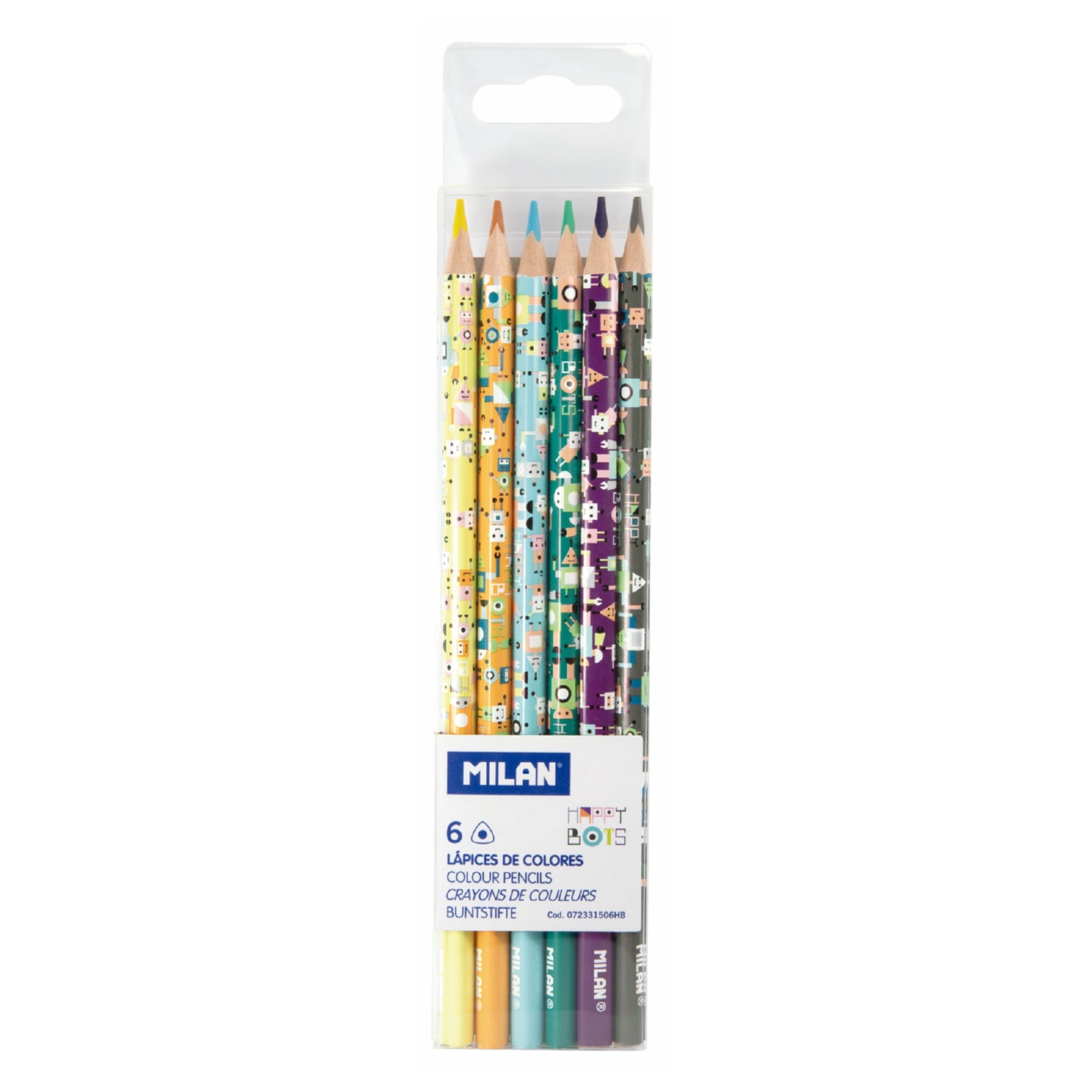 Набор цветных карандашей MILAN HAPPY BOTS 6 цветов деревянные трехгранные с рисунком в пластиковой упаковке с европодвесом