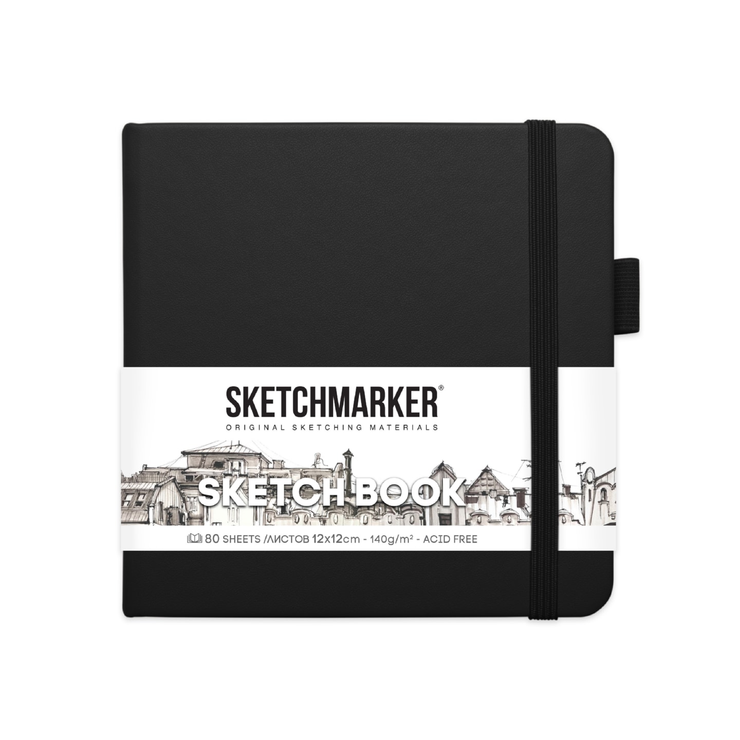 Блокнот для зарисовок Sketchmarker 140г/кв.м 12*12см 80л твердая обложка Черный