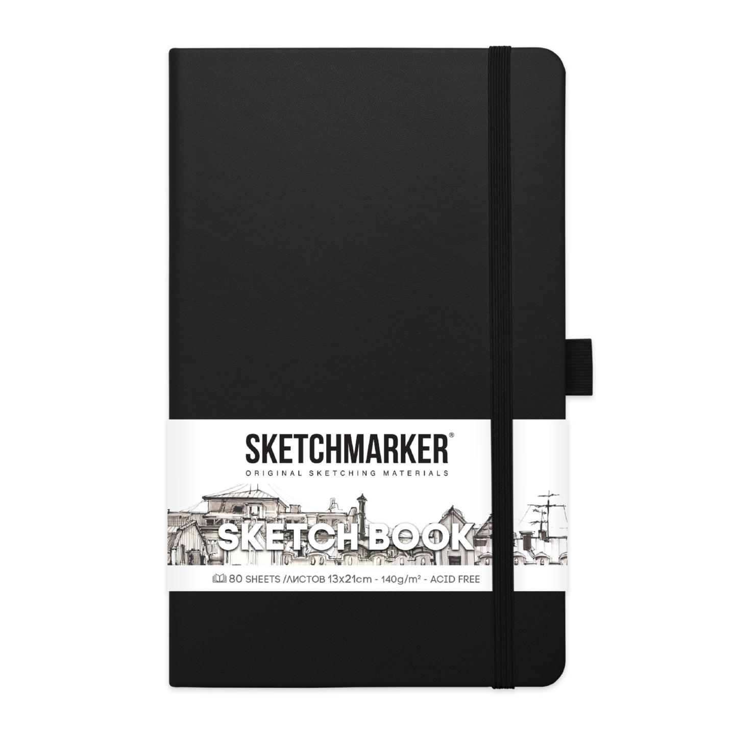 Блокнот для зарисовок Sketchmarker 140г/кв.м 13*21см 80л твердая обложка Черный