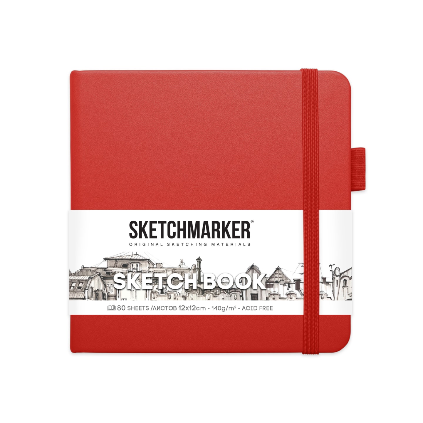 Блокнот для зарисовок Sketchmarker 140г/кв.м 12*12см 80л твердая обложка Красный