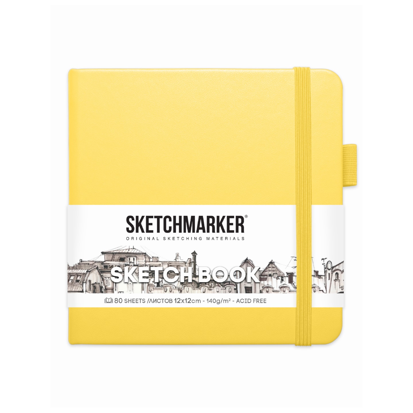 Блокнот для зарисовок Sketchmarker 140г/кв.м 12*12см 80л твердая обложка Лимонный