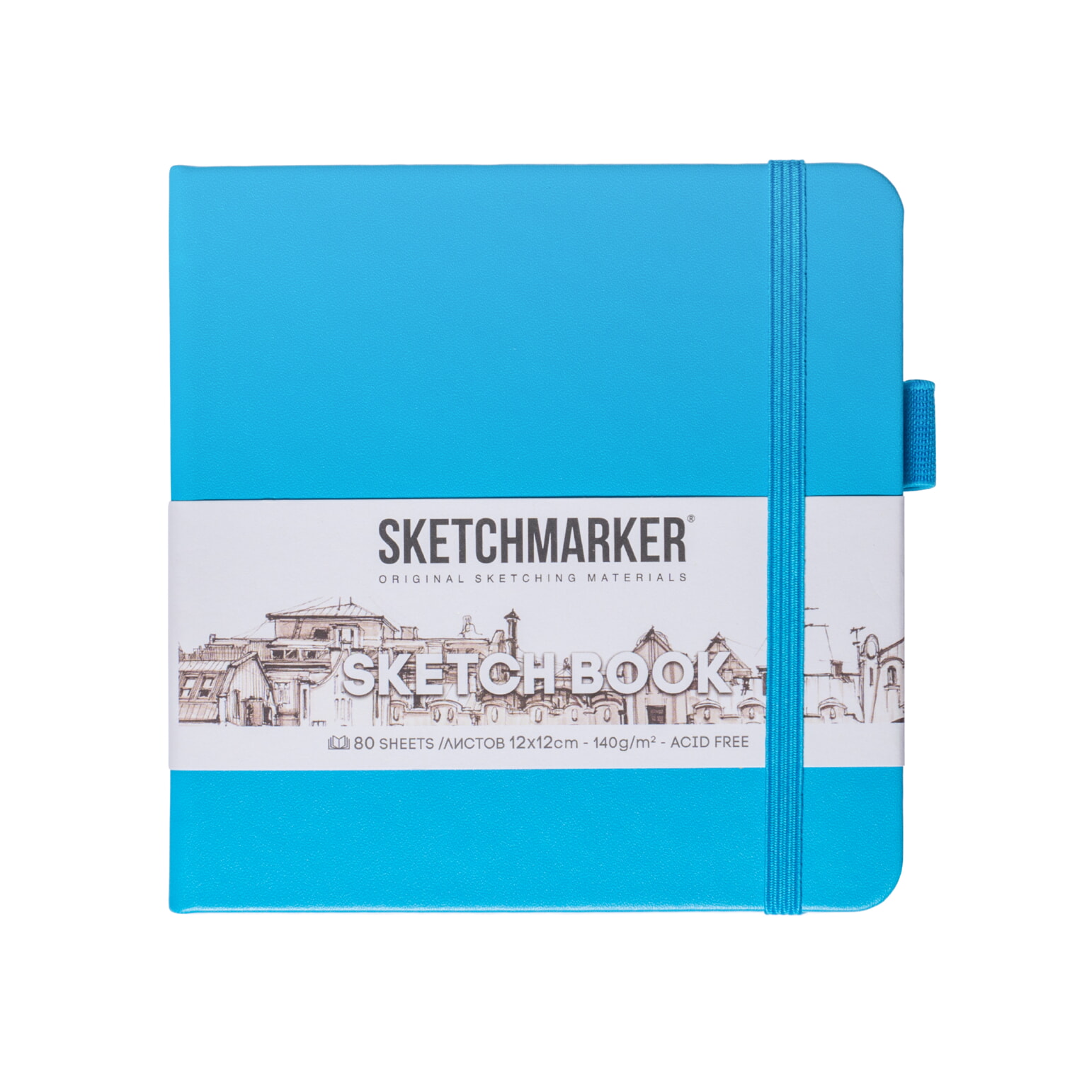 Блокнот для зарисовок Sketchmarker 140г/кв.м 12*12см 80л твердая обложка Синий Карибский