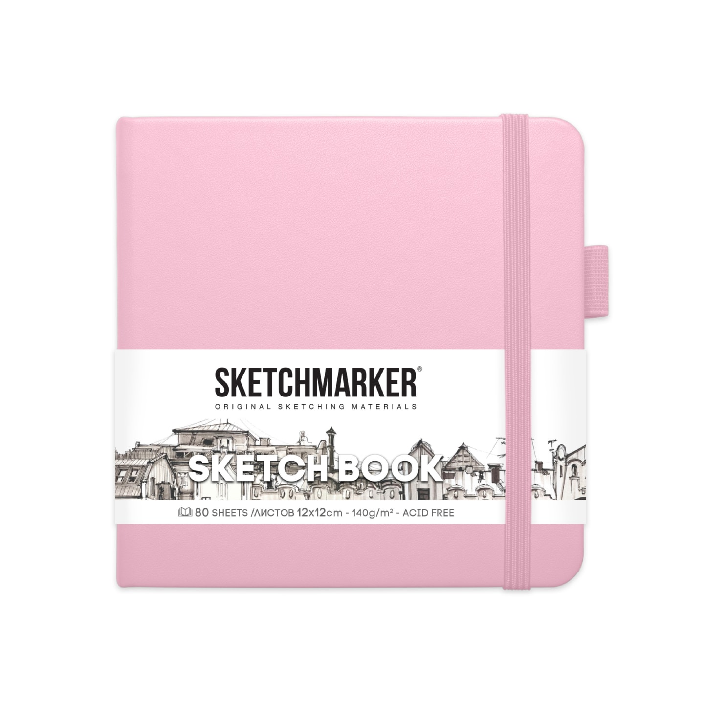 Блокнот для зарисовок Sketchmarker 140г/кв.м 12*12см 80л твердая обложка Розовый