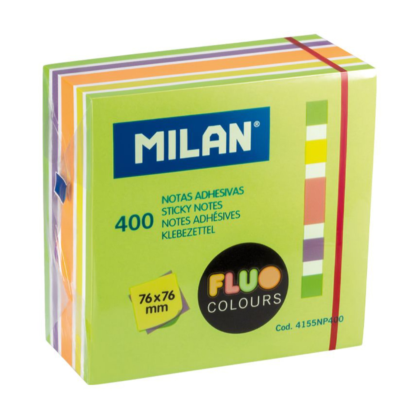 Бумага для заметок MILAN самоклеящаяся 76х76мм 400л флуоресц.цвета в термоусадочной пленке