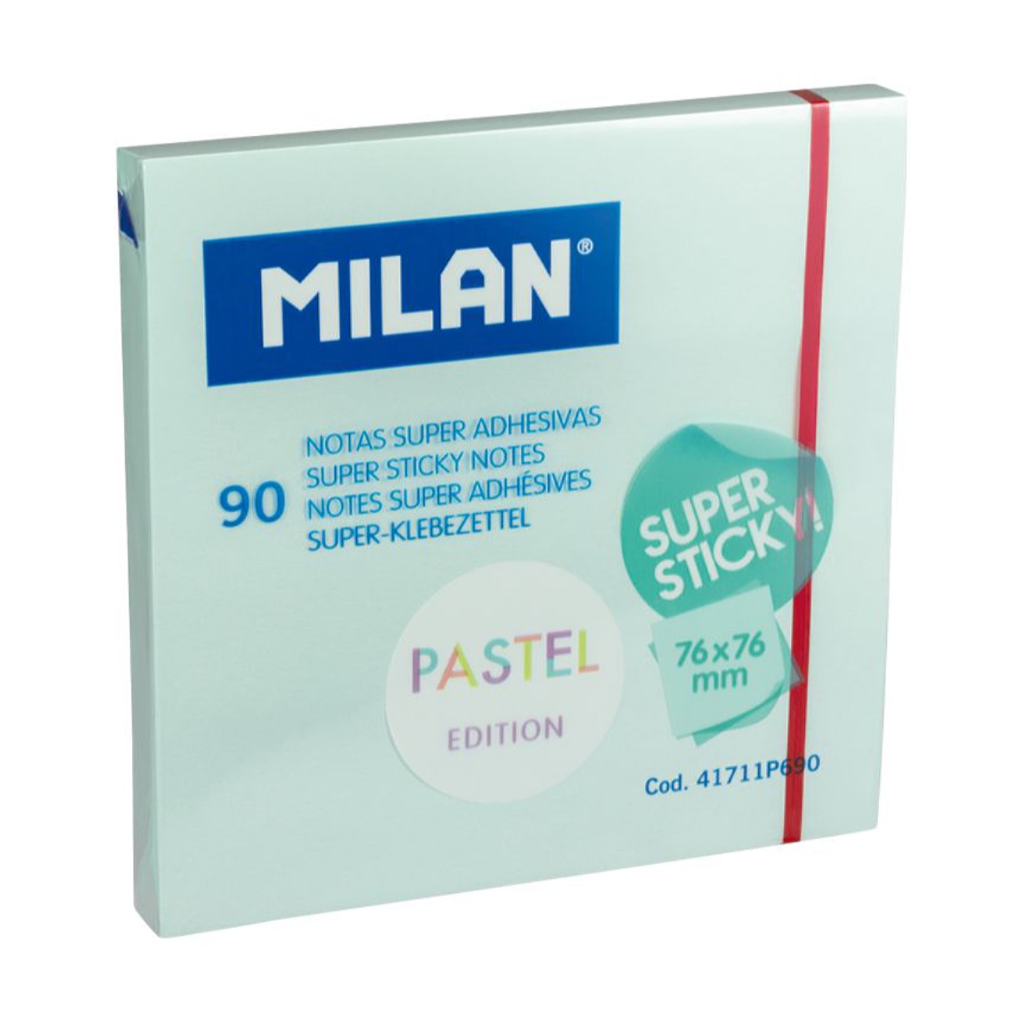Бумага для заметок MILAN самоклеящаяся 76х76мм 90л голубая пастельная супер клейкая в термоусадочной