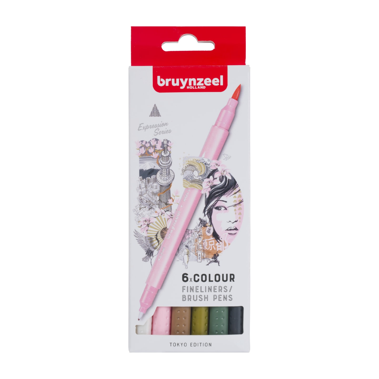 Набор двухсторонних капиллярных ручек Bruynzeel Creatives Токио (линер 0.4мм+кисть) 6 цветов