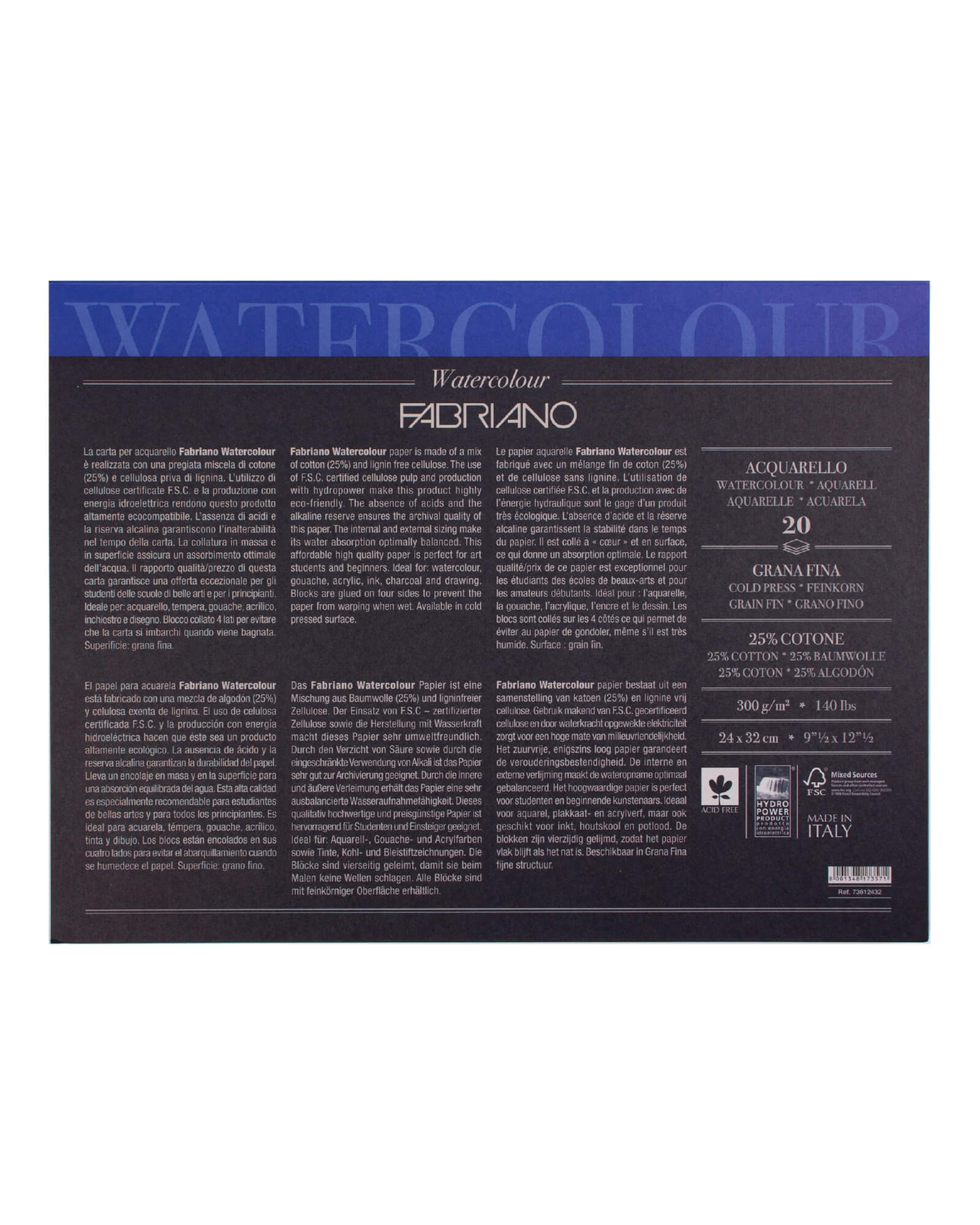 Блок для акварели Watercolour Studio 300г/м.кв 24x32см Фин 20л склейка по 4 сторонам