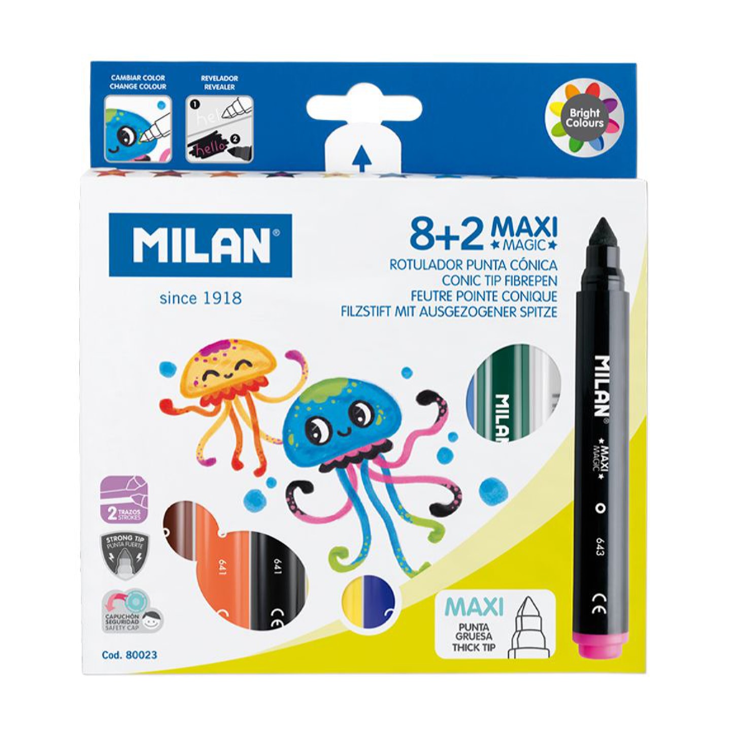 Набор фломастеров MILAN MAXI MAGIC на водной основе 8 цветов + 2 фломастера меняющие цвет в упаковке с европодвесом