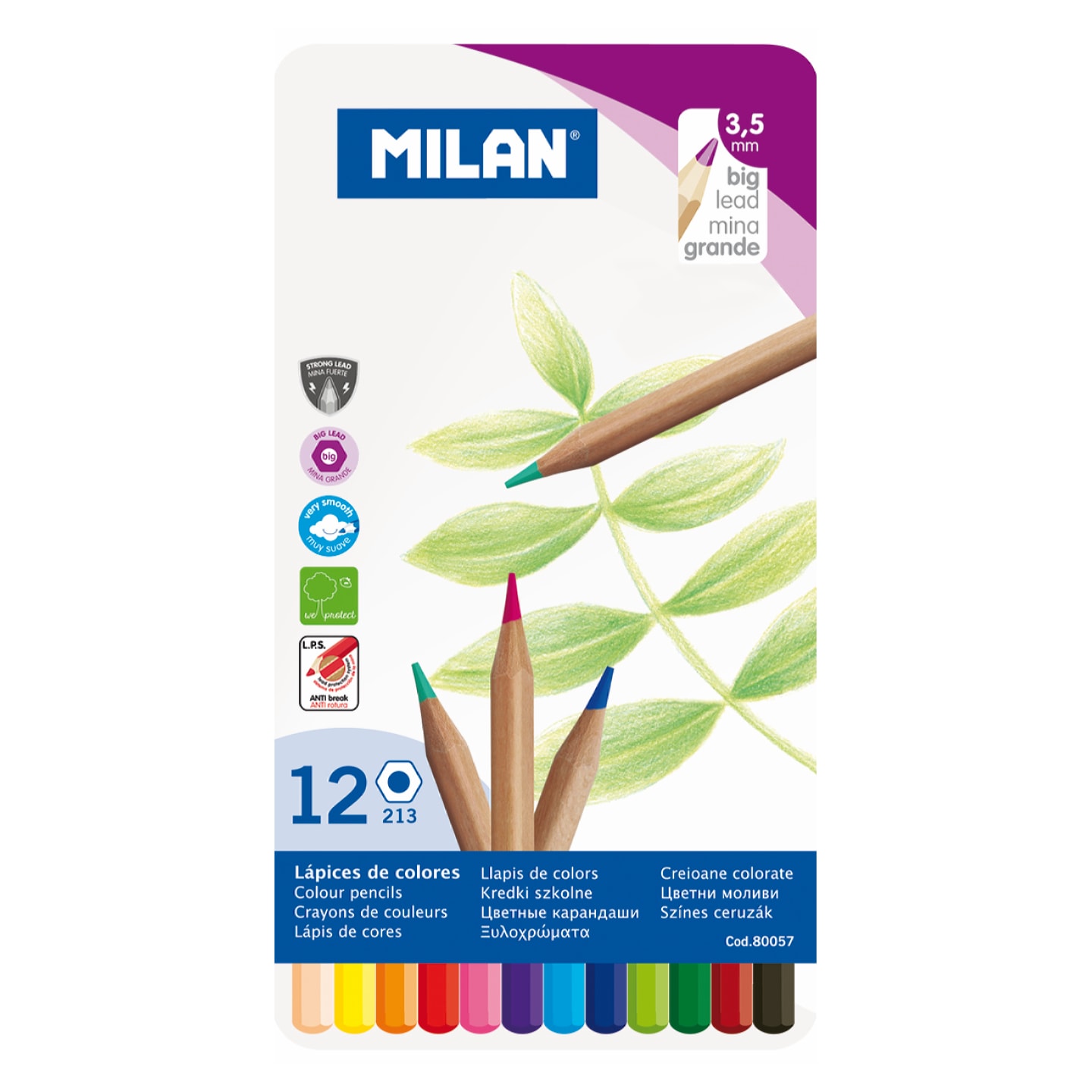 Набор цветных карандашей MILAN 12 цветов деревянные грифель 3.5мм в металлической упаковке с европодвесом (ECO)