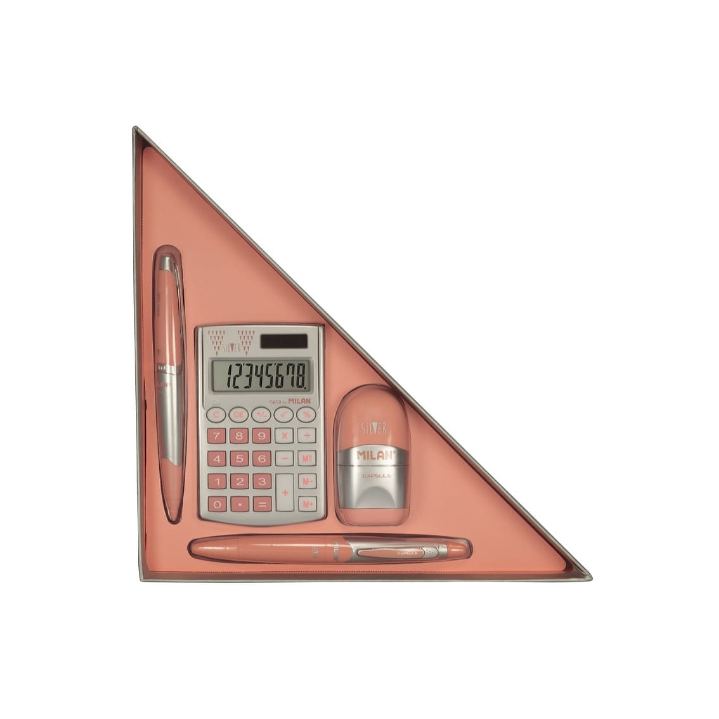 Набор подарочный канцелярский Milan Silver Розовый 4 предмета: калькулятор, ластик-точилка, шариковая ручка, механический карандаш